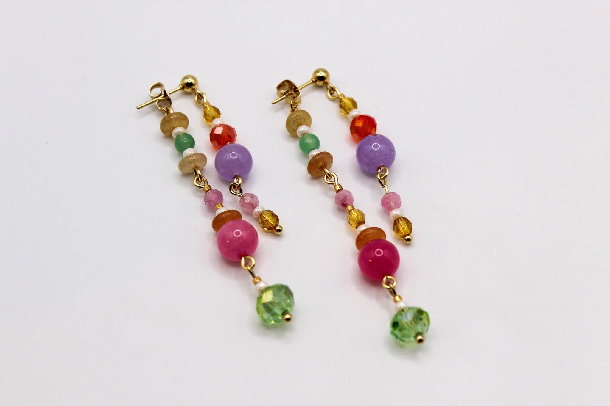 Green, pink, and yellow Beaded Collage Earrings