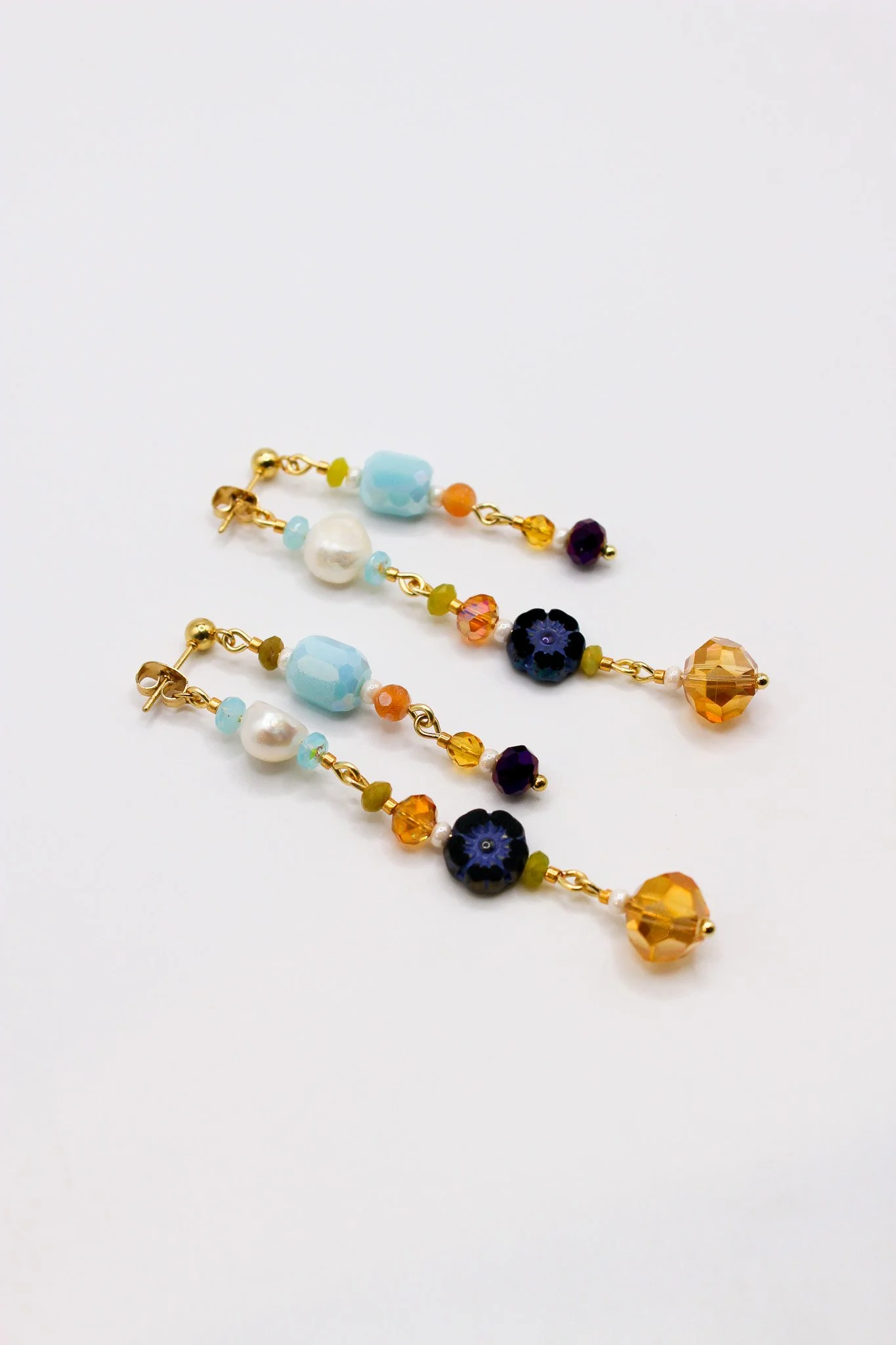 Yellow, Blue, and purple beaded collage earrings