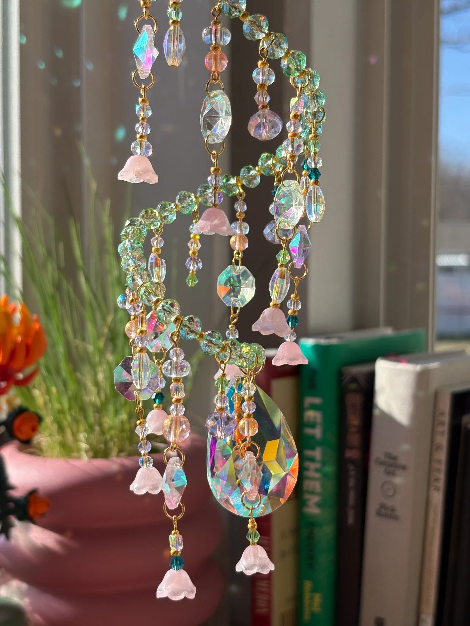 Green and Pink Flower Sun Catcher