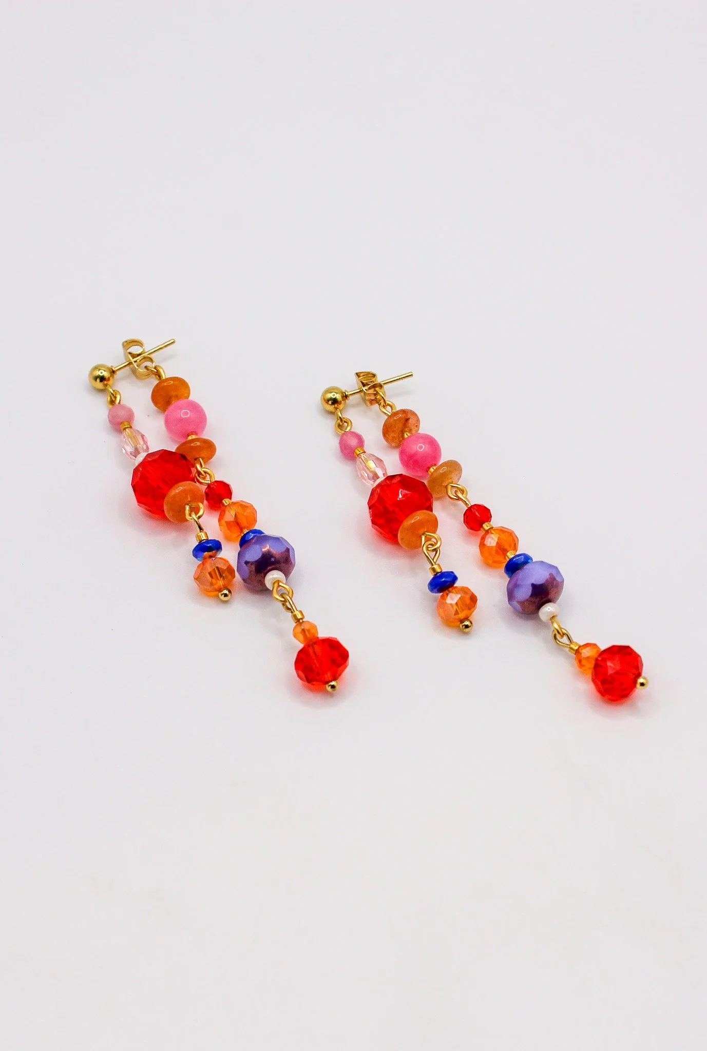 Red, Orange, Pink, and Blue Beaded Collage Earrings