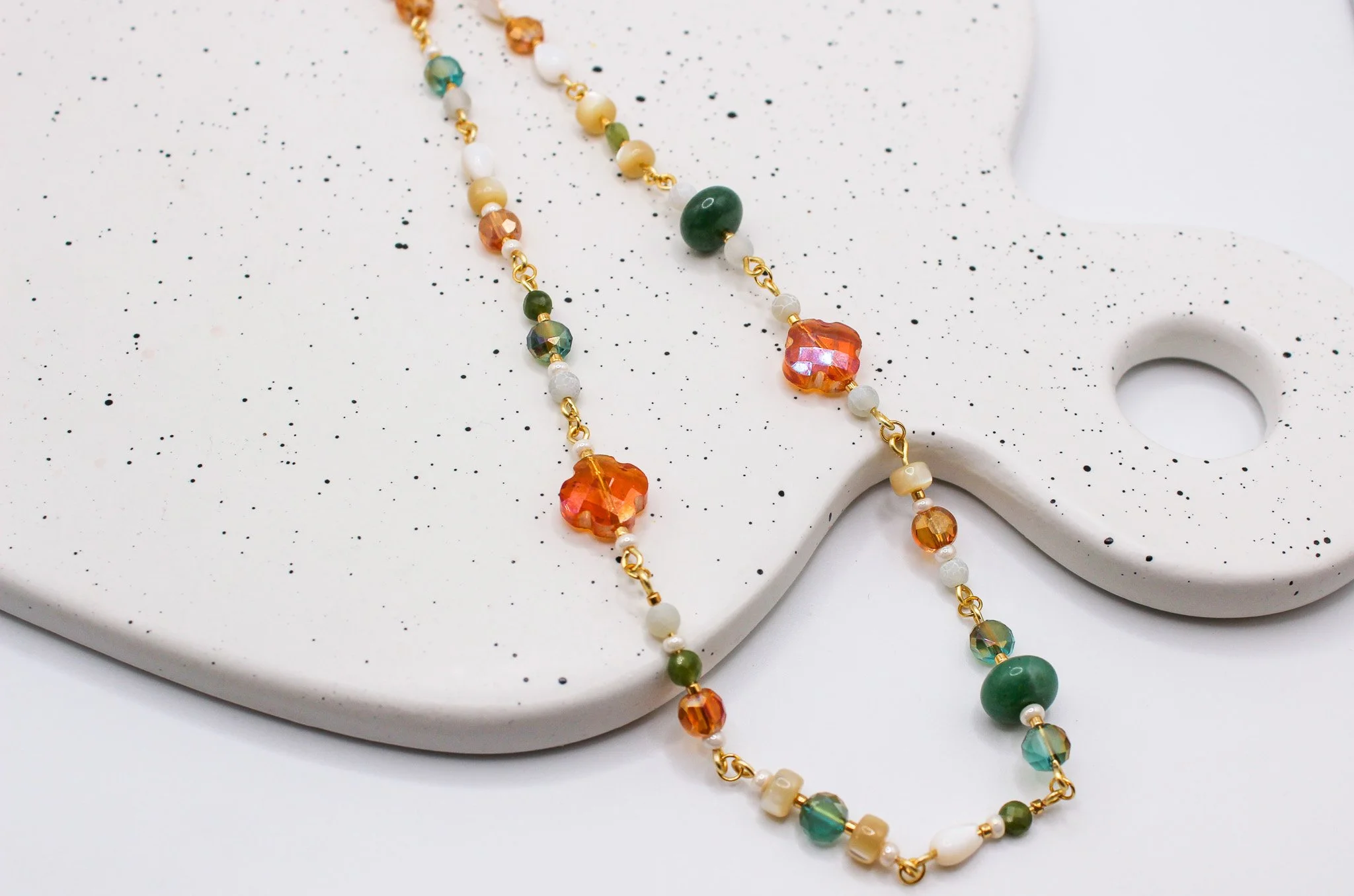 Green and Orange Beaded Collage Necklace