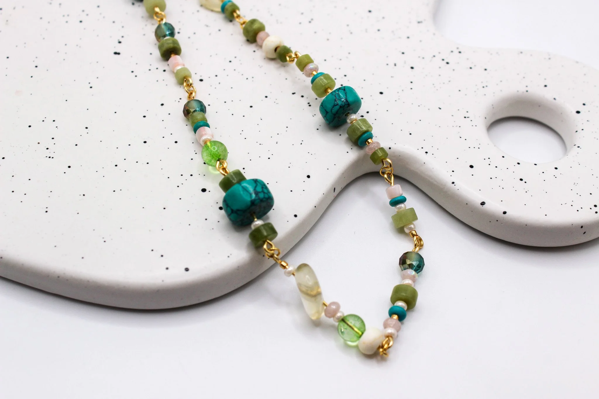 Green and Turquoise Beaded Collage Necklace