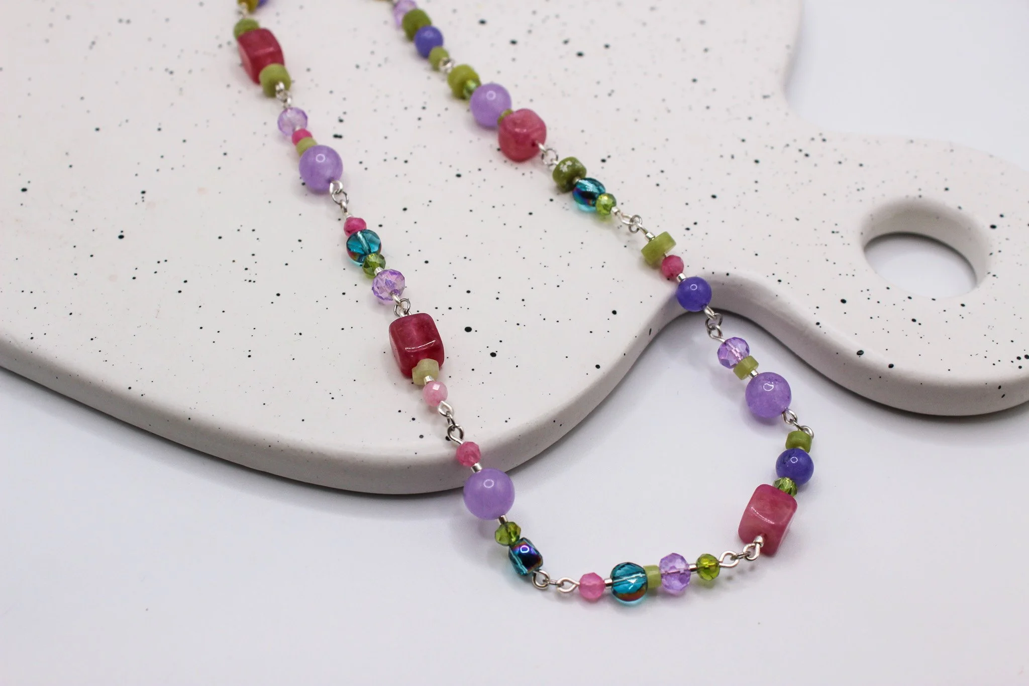 Lavender, Pink, Green Beaded Collage Necklace