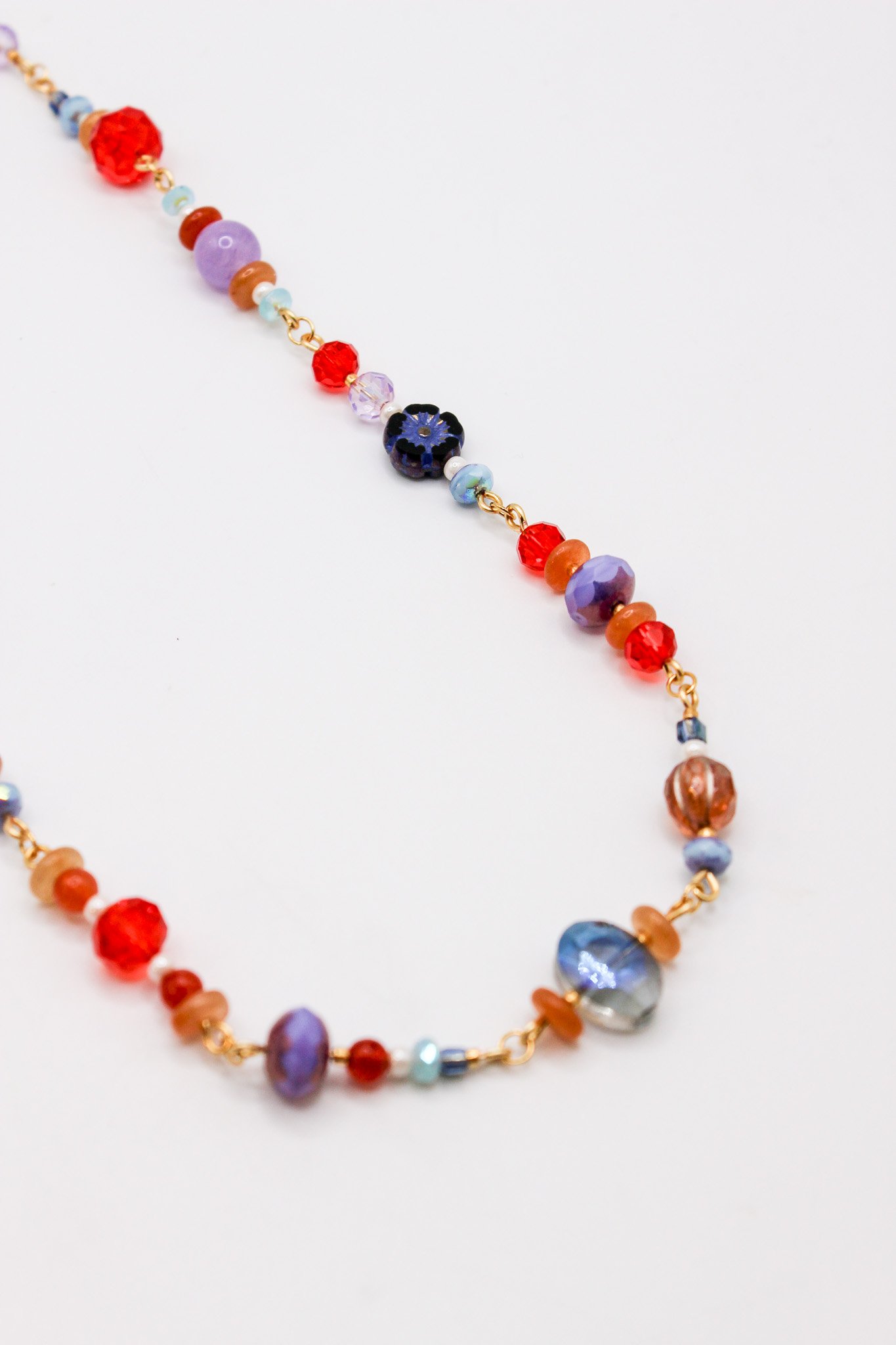 Lavender, Red, Orange, Blue Beaded Collage Necklace