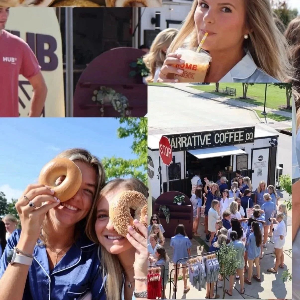 Group of people gathered outside a coffee truck named "Narrative Coffee Co." on a sunny day. Two women are smiling and holding up bagels with various toppings. One woman is drinking a beverage through a straw, and there are multiple people waiting in