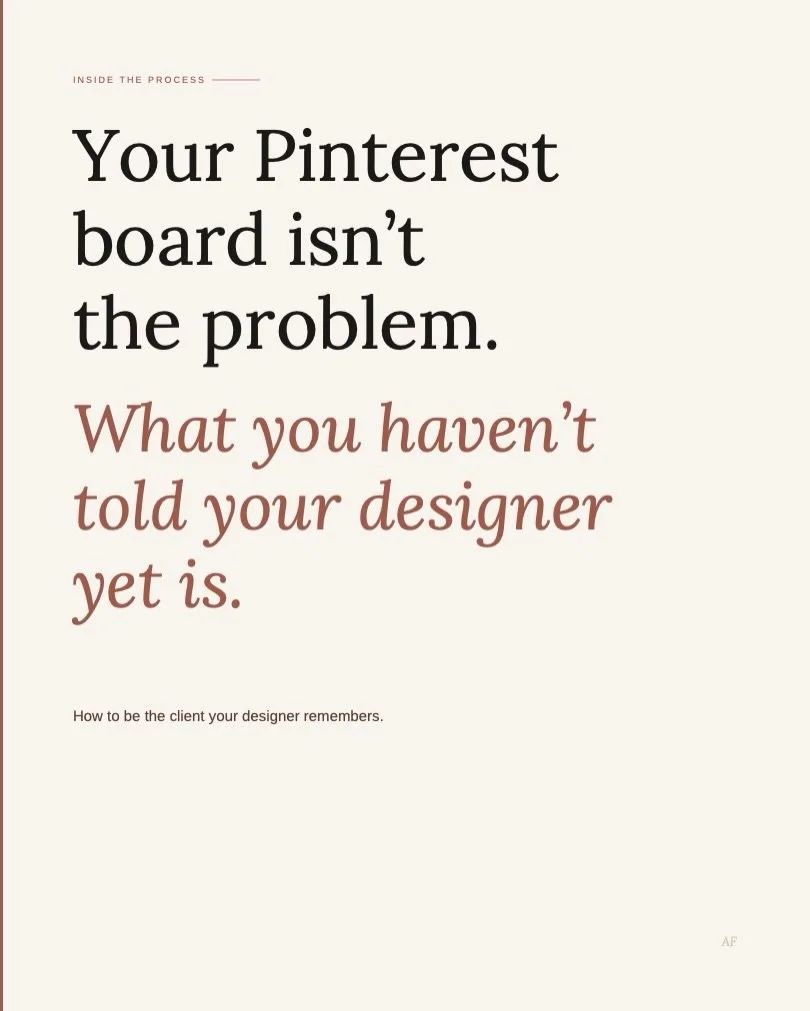 Just my take but your designer doesn&rsquo;t need your Pinterest board. They need something you probably haven&rsquo;t thought to give them yet. 

Slide through ➡️ save this before your next project. 

I go deeper on my new blog series, Inside The Pr