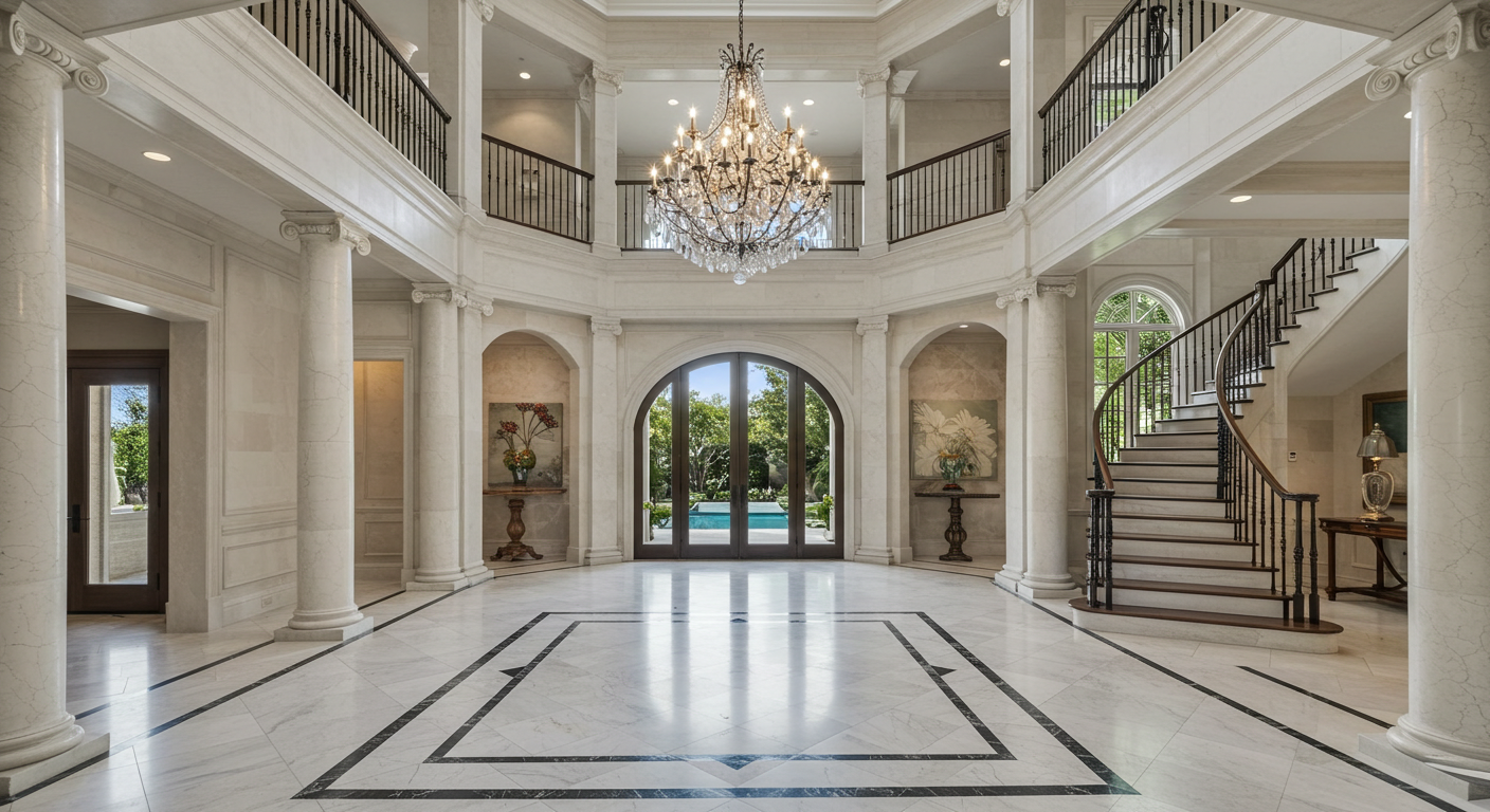 Elegant mansion foyer with marble floors, grand staircase, and chandelier