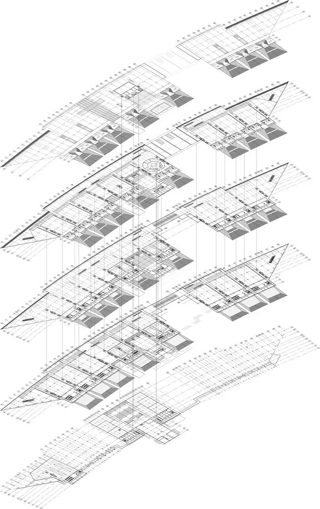 Isometric architectural blueprint showing multiple floor plans layered in a 3D perspective, highlighting structural and design elements.