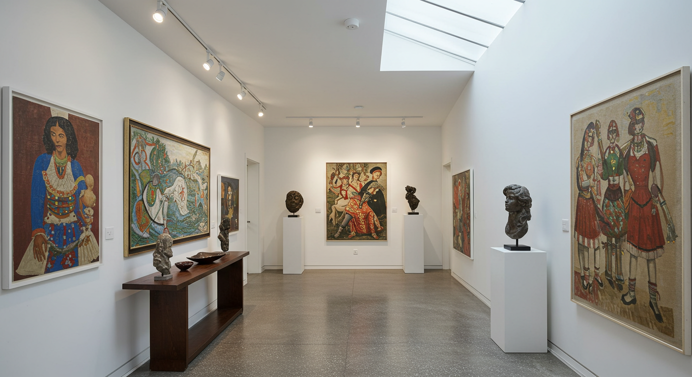 Art gallery interior with various paintings and sculptures on display. The room features framed paintings on the walls and sculptures on pedestals, illuminated by overhead lighting, with a minimalist white wall and polished floor design.