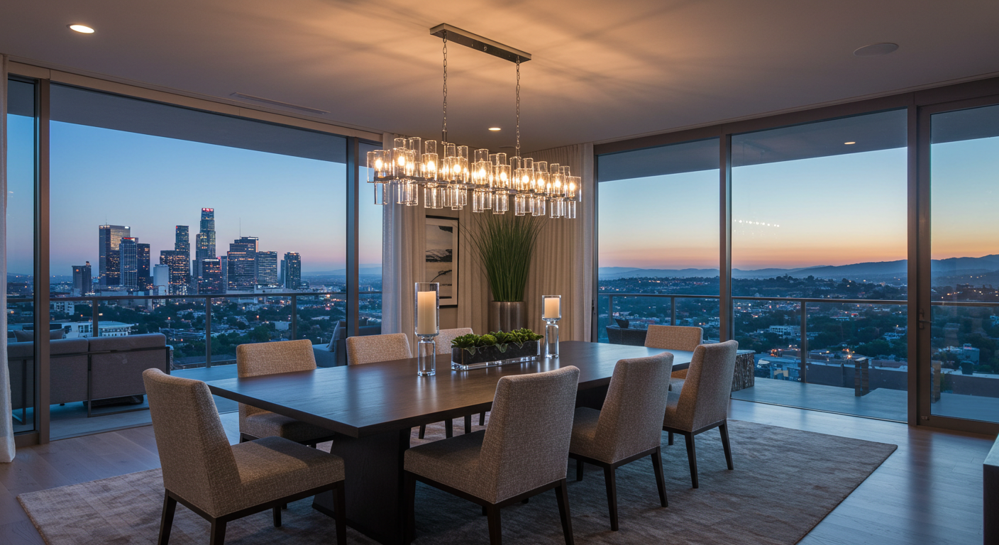Modern dining room with large table, eight chairs, chandelier, and cityscape view through floor-to-ceiling windows at sunset.