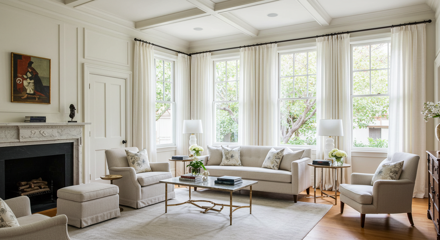 Bright and elegant living room with beige furniture, including a sofa, armchairs, and ottoman. Large windows with white curtains allow natural light. A marble fireplace features a painting above, and a coffee table has decorative items. Hardwood floo