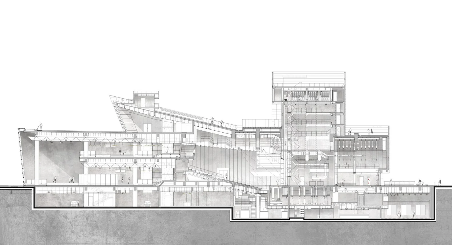 Architectural cross-section drawing of a multi-level building with detailed interior layout.