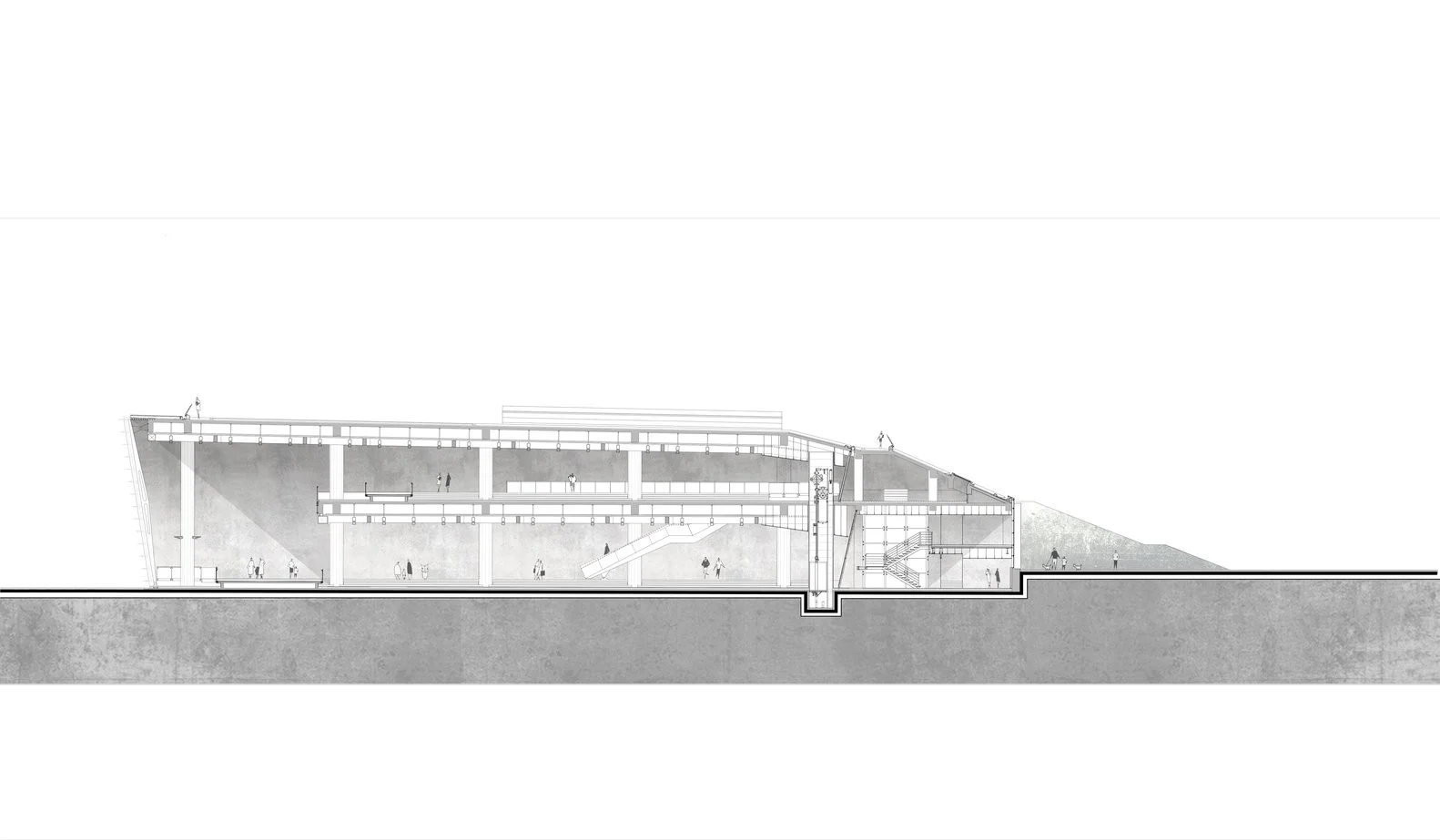 Architectural cross-section of a modern building with multiple floors and detailed interior layout.
