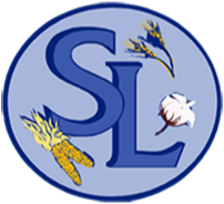 Logo with a large blue letter 'S' and a large blue letter 'L' inside a blue circle, featuring a feather, a goat's head, and a wheat stalk.