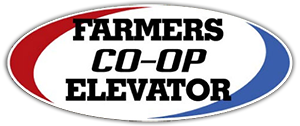 Sign for Farmers Co-Op Elevator with red, white, and blue oval design.