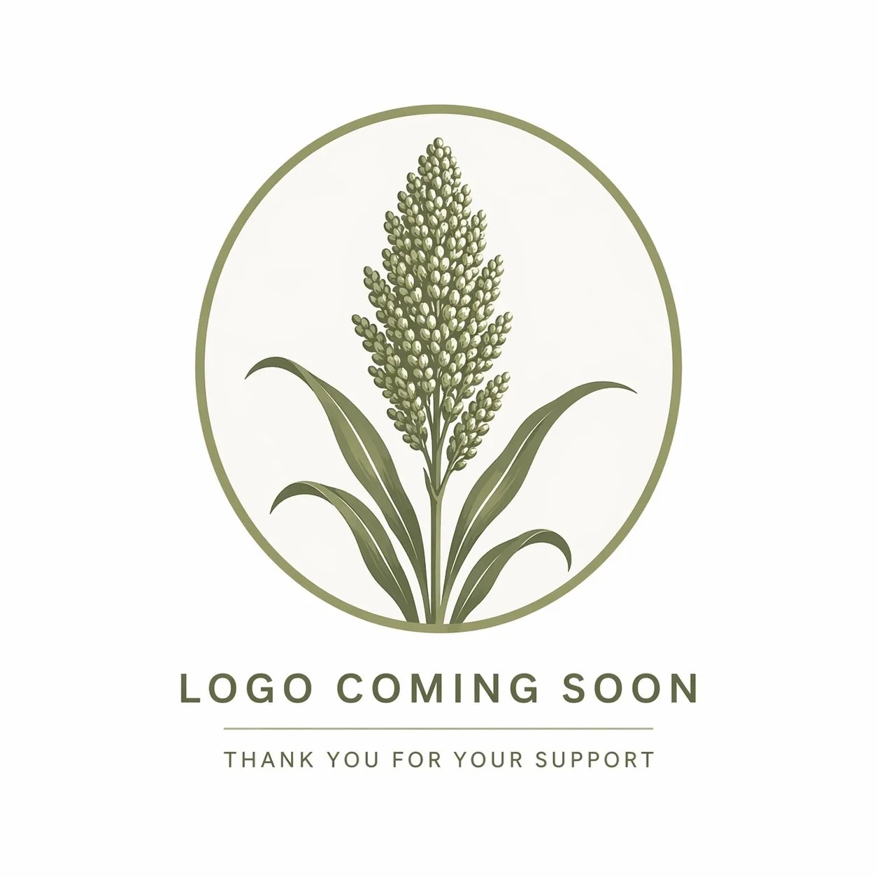 A botanical illustration of a plant with a flowering spike and long green leaves, enclosed in an oval, with the text 'LOGO COMING SOON' and 'THANK YOU FOR YOUR SUPPORT' below.
