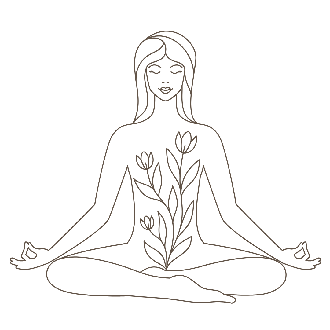 Line art illustration of a woman sitting cross-legged in a meditative pose, with a large flower and plant design on her torso, against a black background.