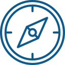 A blue neon compass icon on a black background.