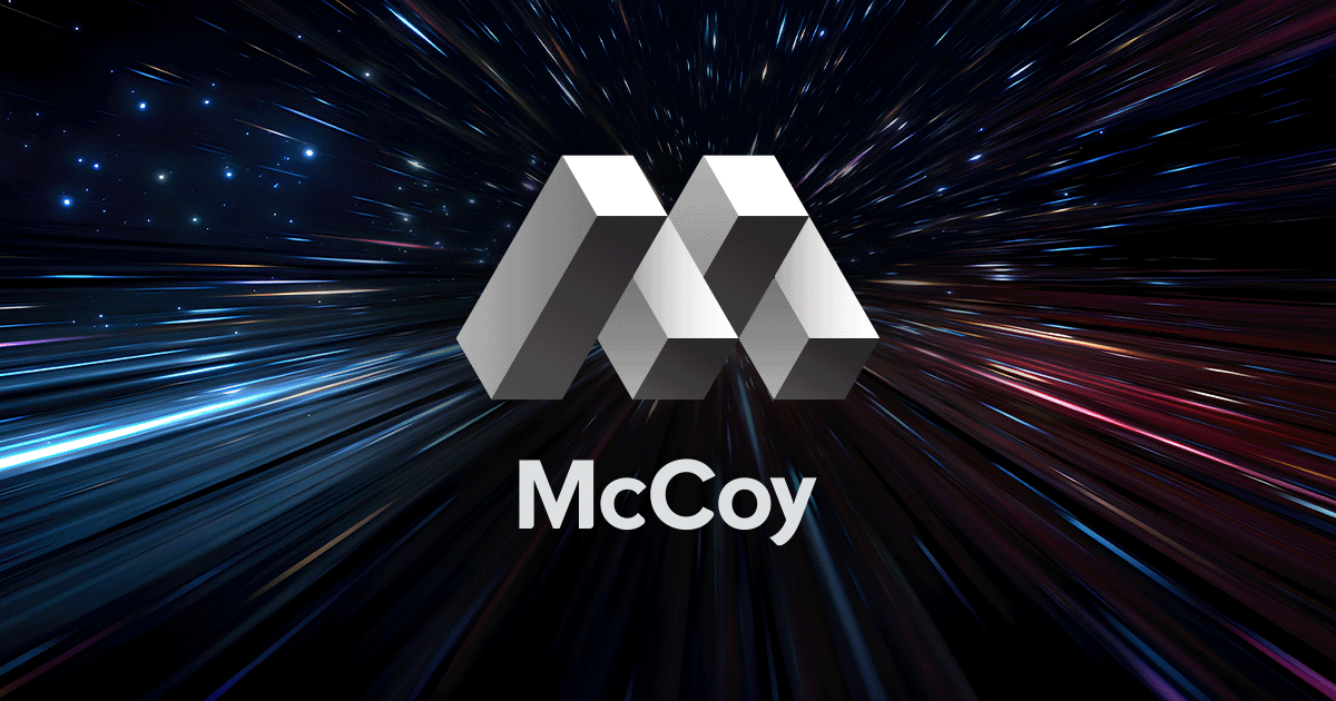 Futuristic background with streaks of light and a 3D logo consisting of three gray blocks, with the name "McCoy" written below.