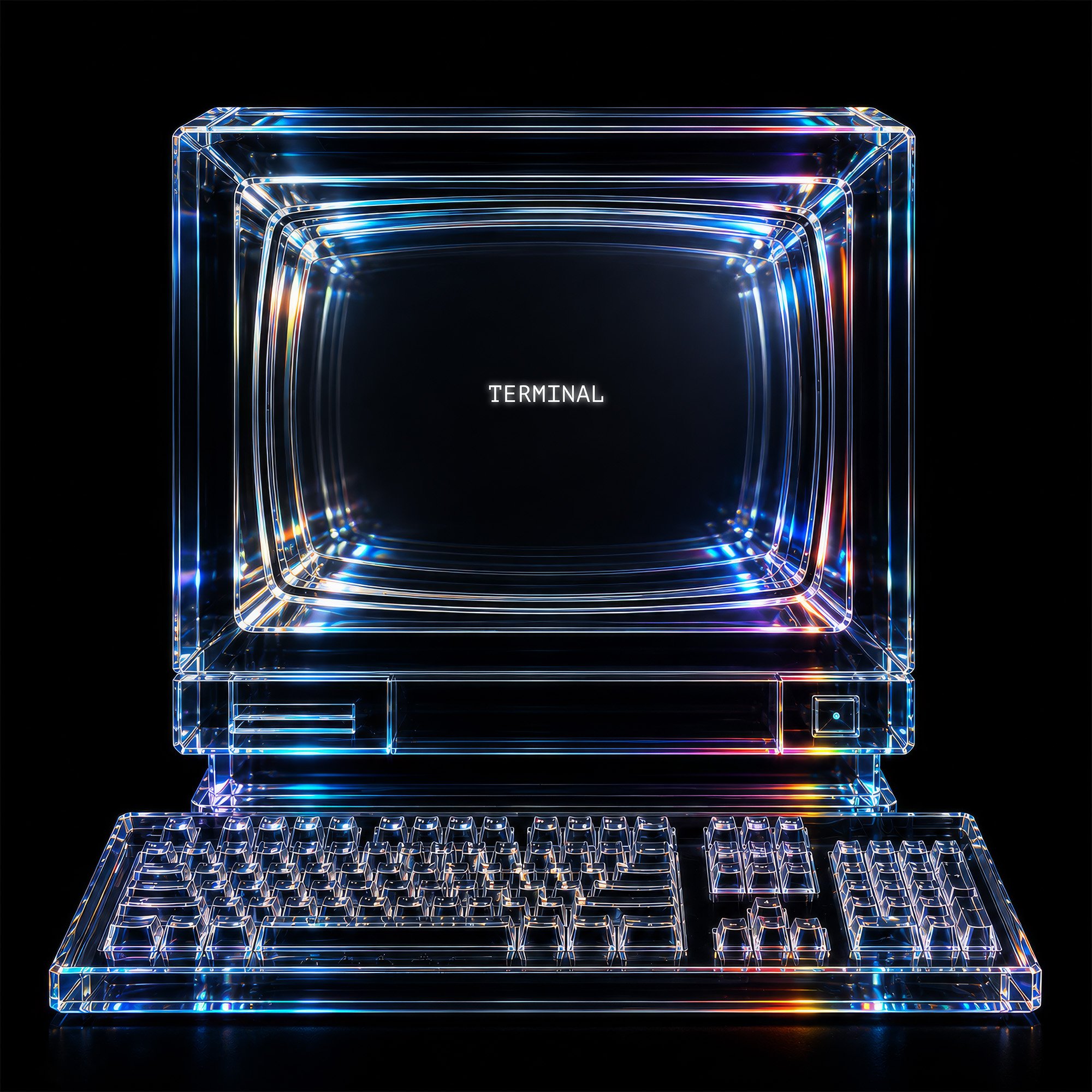 A futuristic, glass-like structure with multiple rectangular frames illuminated by multicolored LED lights, labeled 'TERMINAL' at the center.