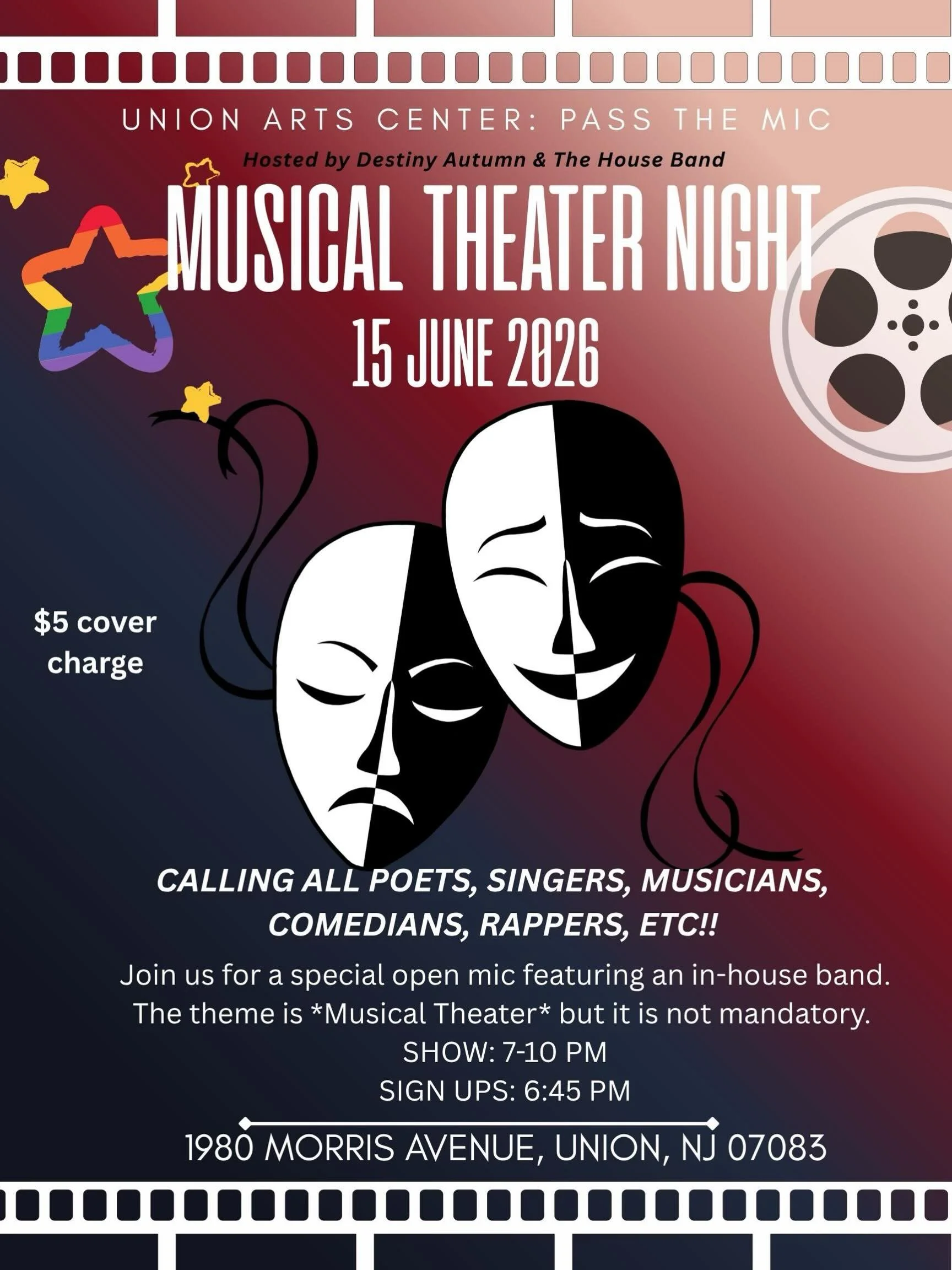 HAPPY PRIDE! 🏳️&zwj;🌈✨ Calling all my musical theater cuties!
Open Mic is BACKKKKK and we&rsquo;re here with a theme.
It&rsquo;s giving drama, it&rsquo;s giving lights camera, action!!!!!

And you know the band&rsquo;s gonna entertain yall througho