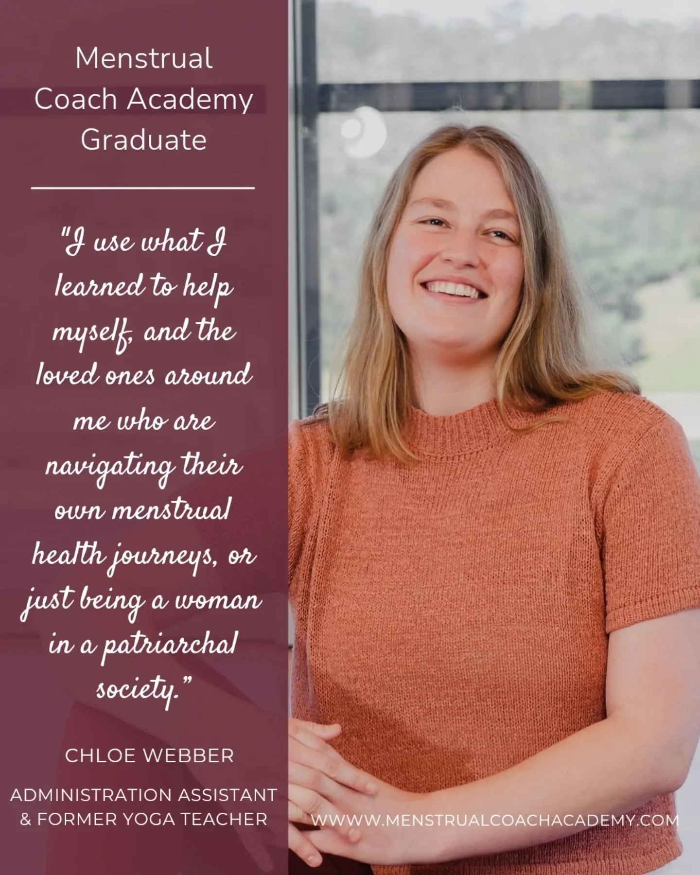 🎉 Here's to another fabulous graduate of the Menstrual Coach Academy 🎉

We are so proud of Chloe Webber Ellis, one of our Australian grads, and the ways she is incorporating this work personally and in her community.

Chloe joined the Menstrual Coa