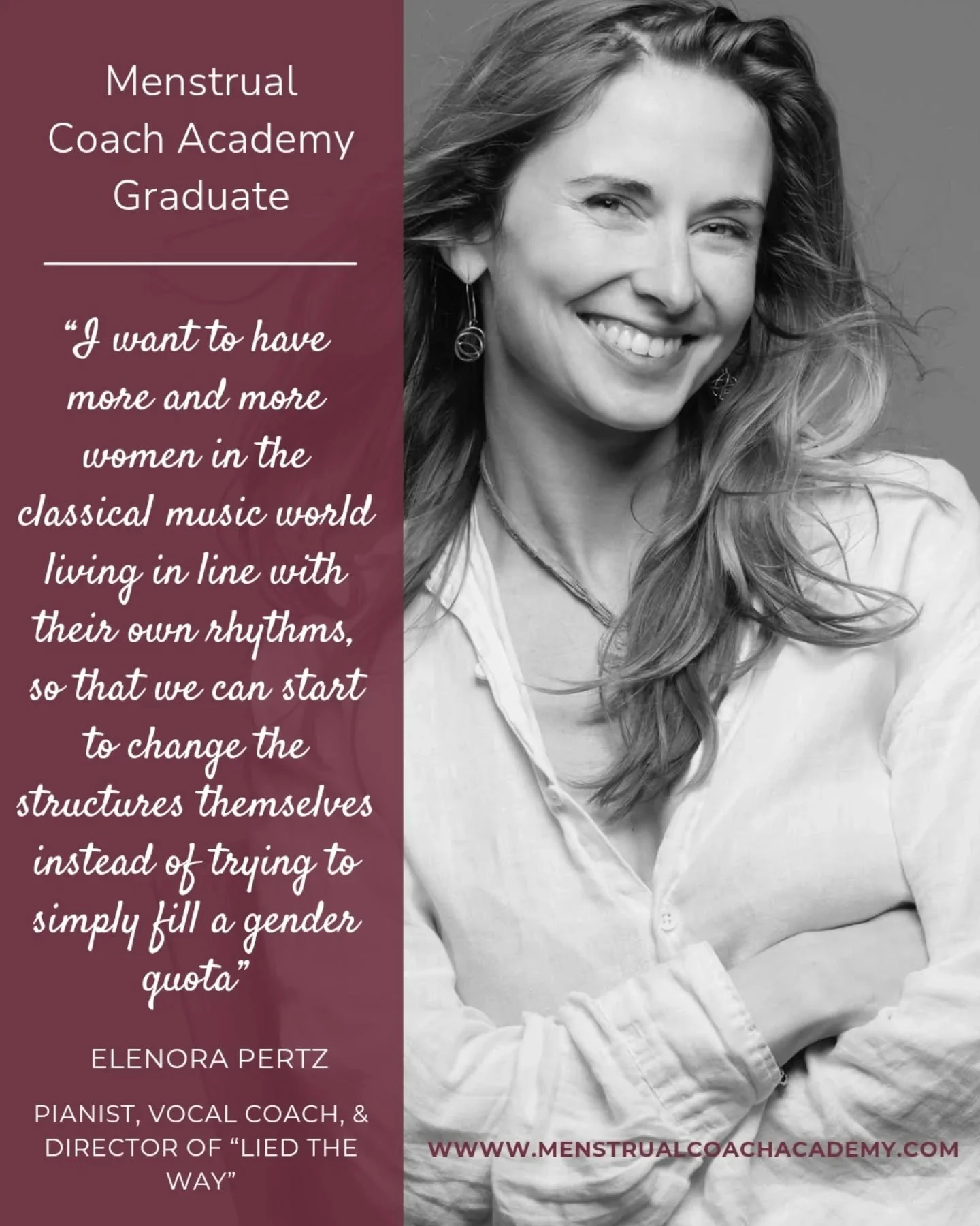 🎉 Today we are celebrating another Menstrual Coach Academy grad 🎉

We are so proud of Elenora Pertz, and the ways she is incorporating this work into her profession as a classical musician and vocal coach.

In her work with other female musicians, 