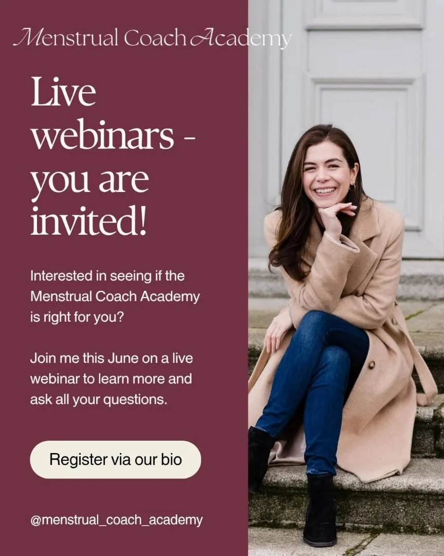 We've got some more live webinars coming up over the next few weeks. And you are invited! 💖

Join Lisa live to learn all about the Menstrual Coach Academy 6-month programme. 

Bring your tea, questions, share why you are interested in this work, get