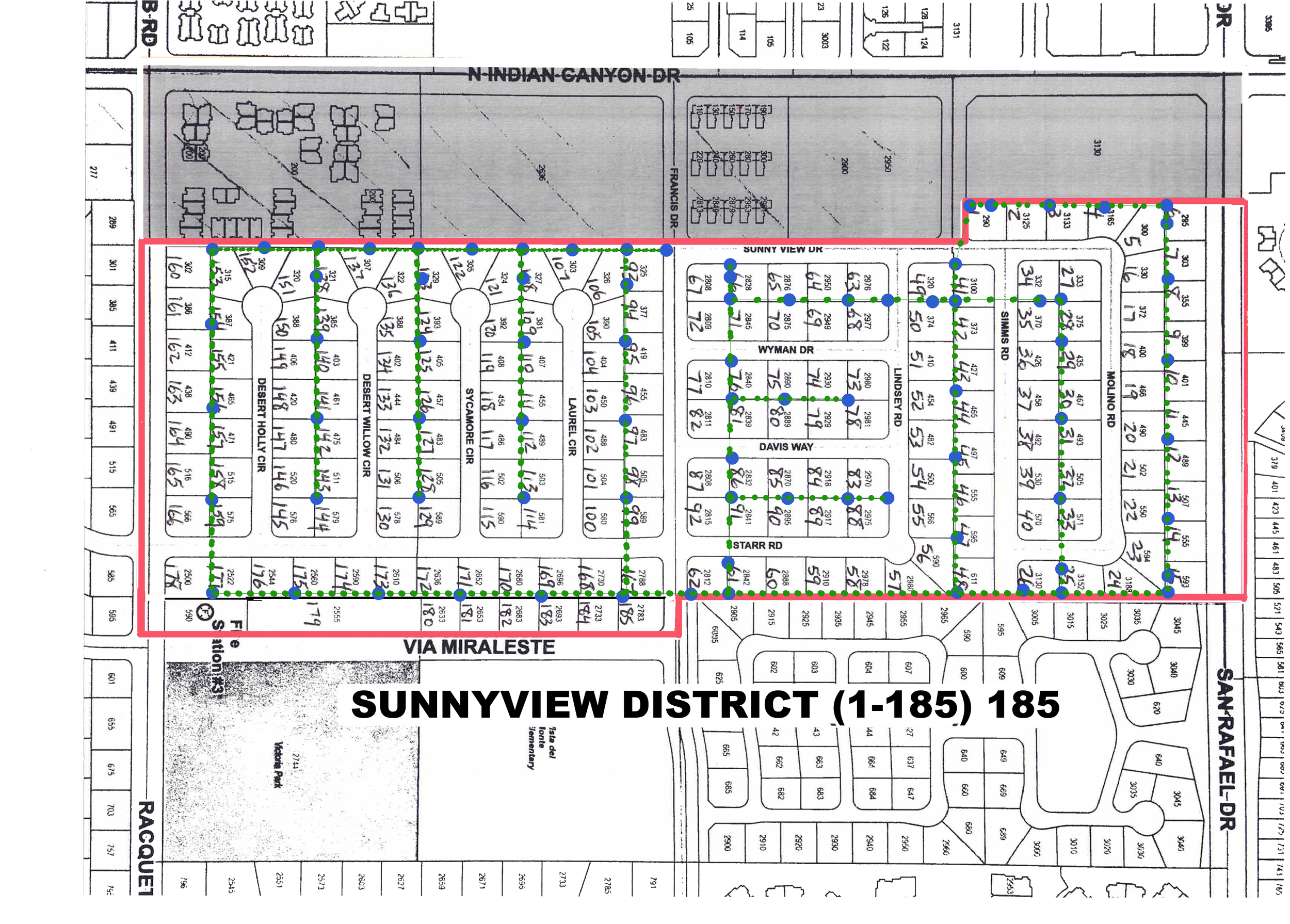Map of Sunnyview District showing streets, lot numbers, and property boundaries, with a highlighted red border outlining specific area.