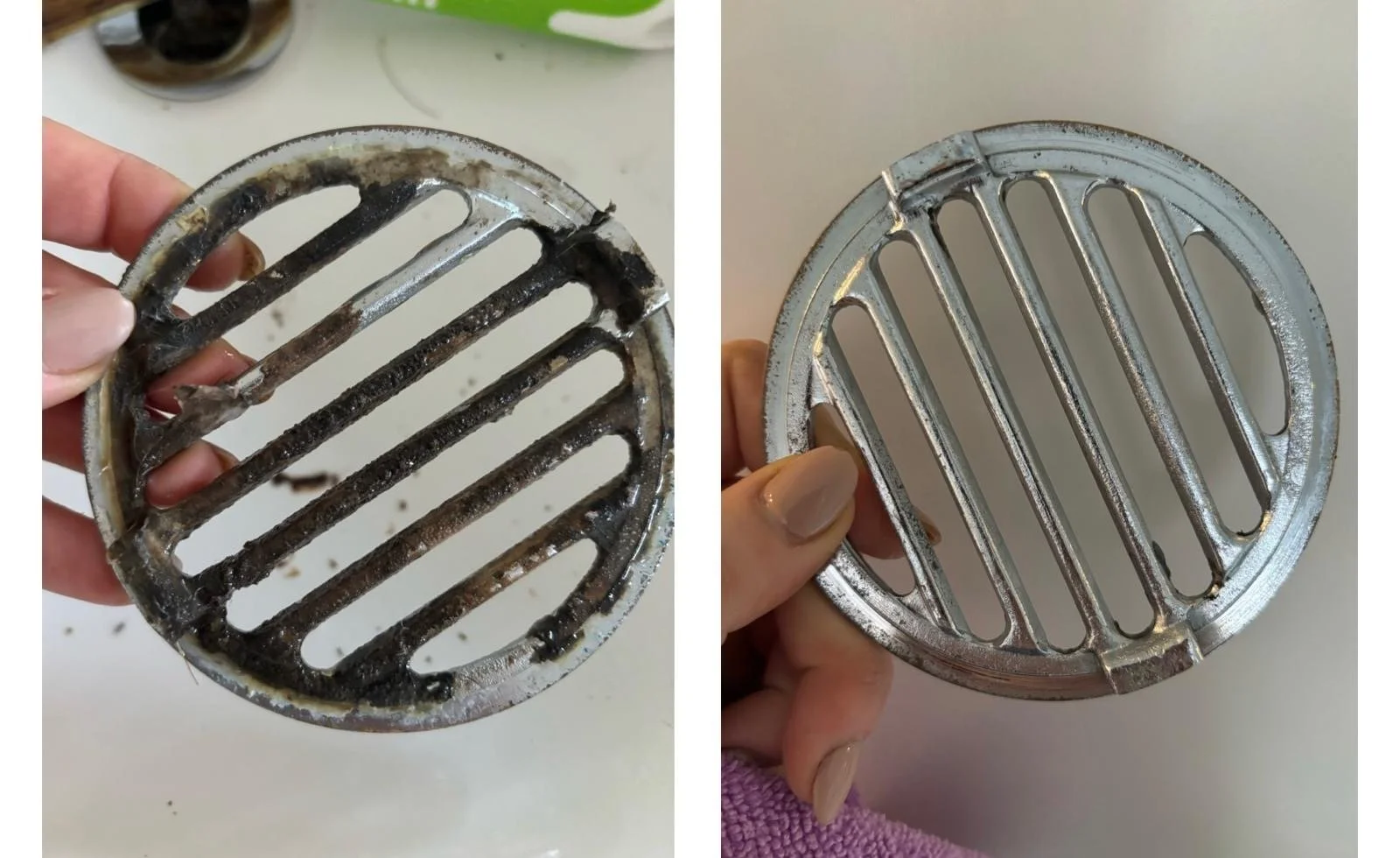 Comparison of a dirty, clogged metal drain cover with a clean, unclogged drain cover being held by a person.