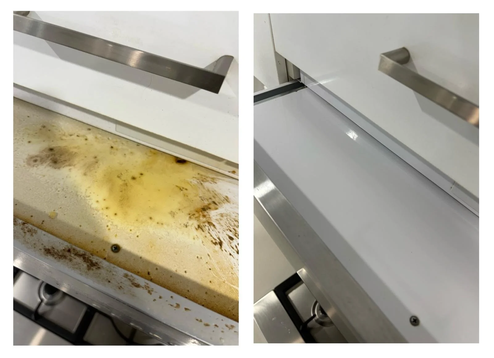 Comparison of a stove's surface before and after cleaning. The left side shows a stove with yellow stains and grime, while the right side shows the same stove clean and shiny.