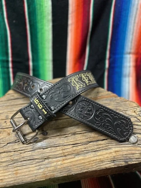 black with western scroll single prong belt