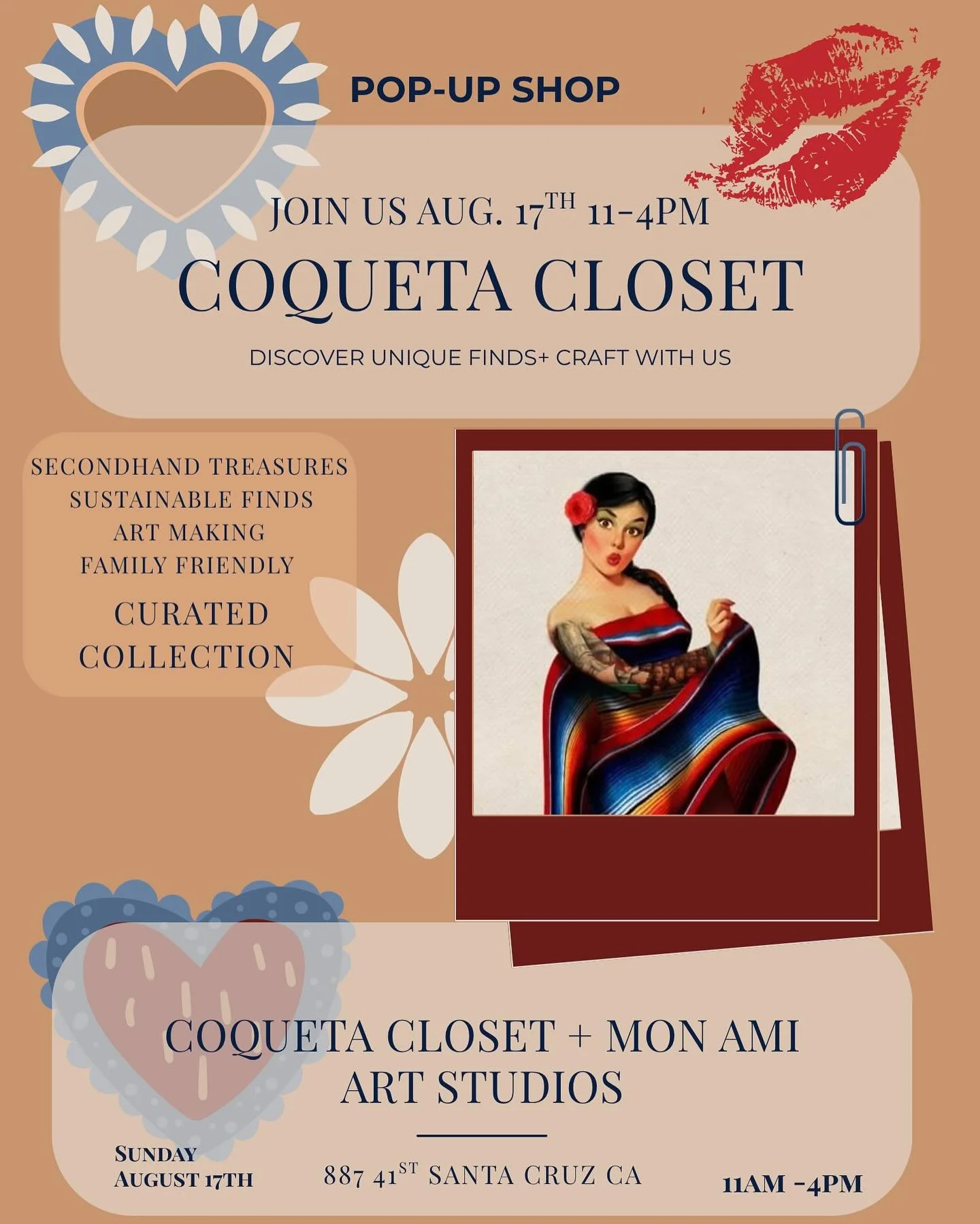 Save the date! Coqueta Closet is heading to Mon Ami Art Studios 🛍️👗 on August 17th from 11am-4pm. Enjoy an afternoon of art 🎨🖌️🧑&zwj;🎨 and sustainable fashion. Families welcome! 

Coqueta Closet, meaning &quot;flirty closet&quot;, offers handpi