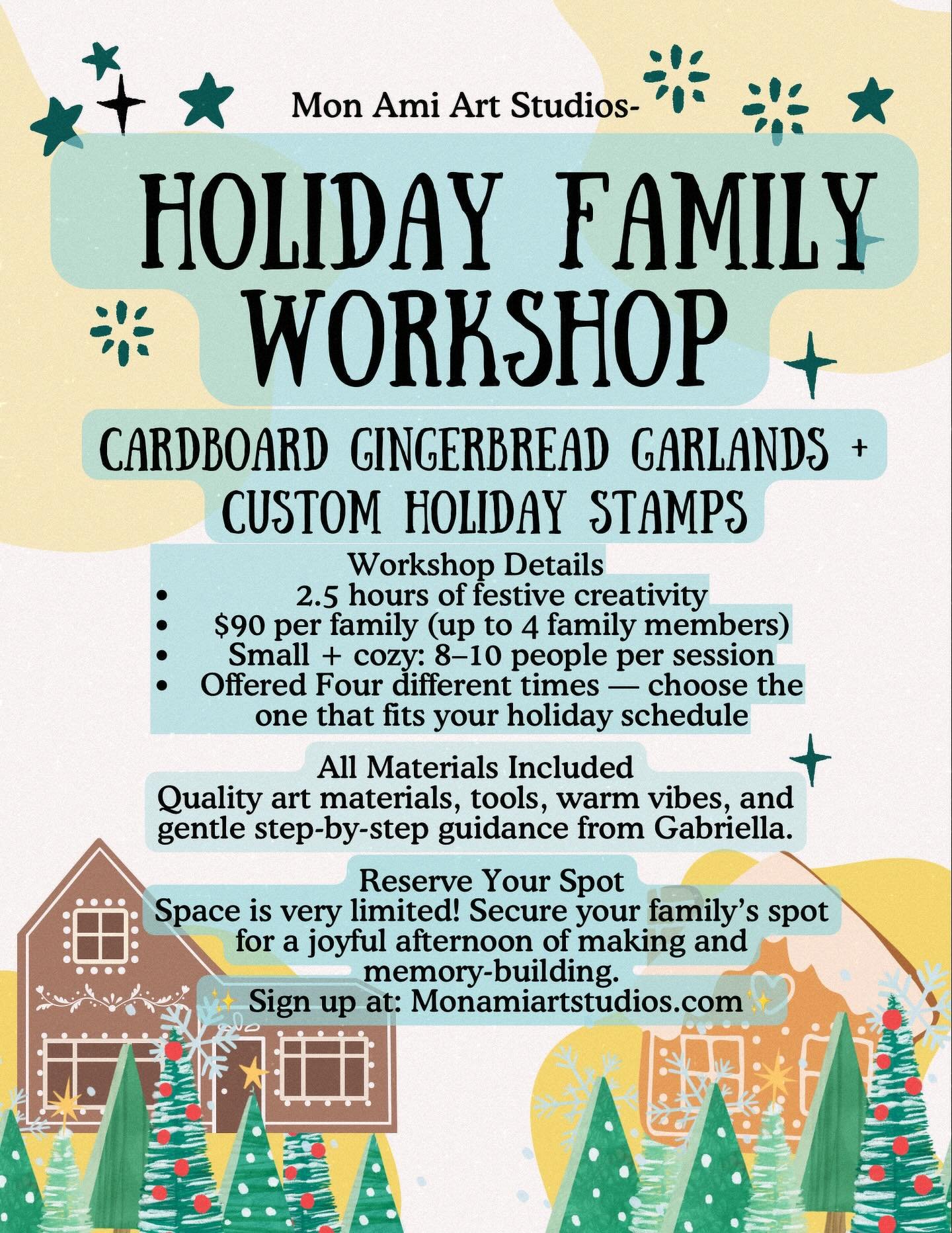 Winter offerings! 
🎄✨ Holiday Family Workshop! 12/14 or 12/20 or 12/21
Cardboard gingerbread garlands + custom stamps for the whole family.
Adults carve a block stamp, kids make foam stamps + wrapping paper! 
 (age 5-10) 
❄️ Winter Printmaking Camp!