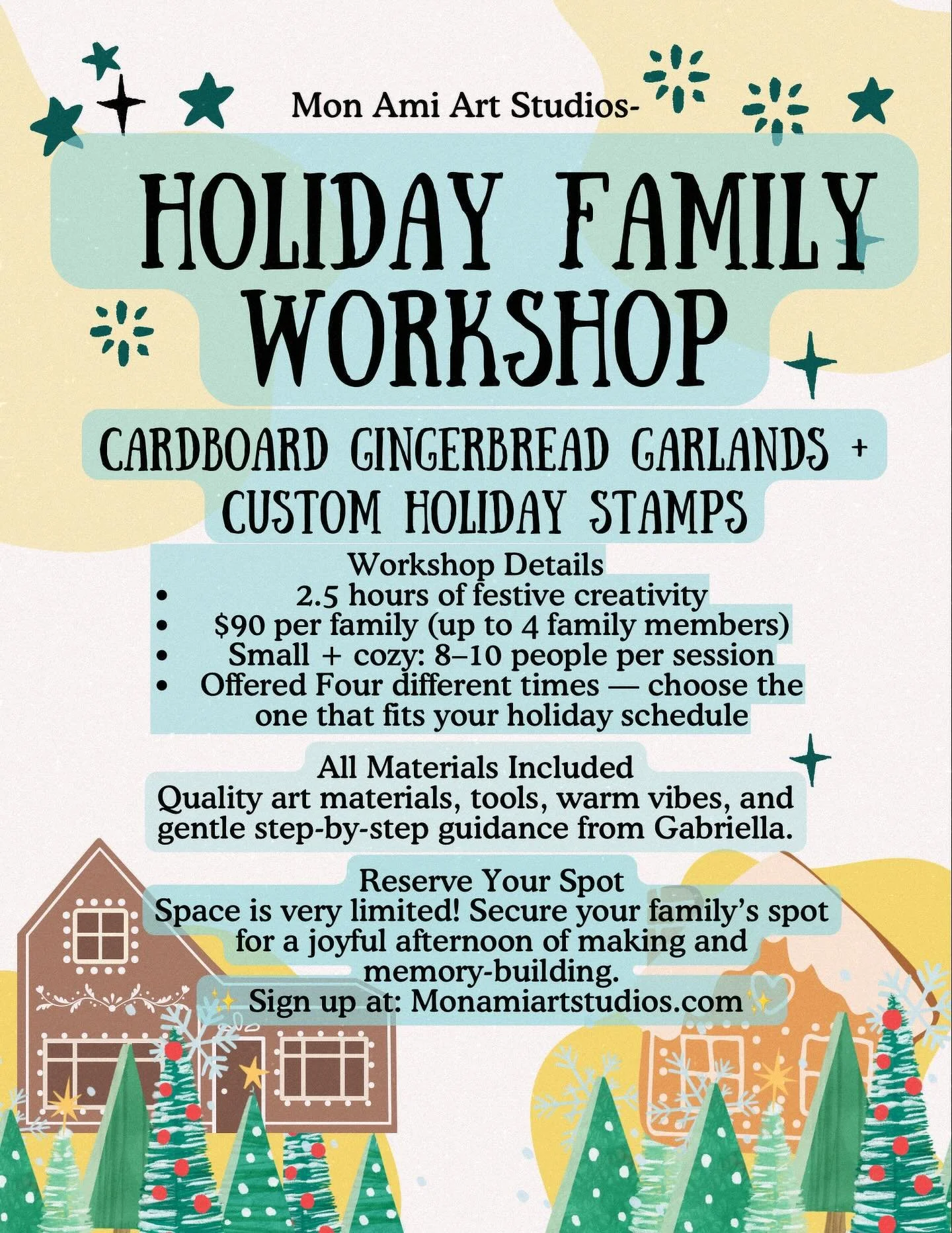 Winter offerings! 
🎄✨ Holiday Family Workshop! 12/14 or 12/20 or 12/21
Cardboard gingerbread garlands + custom stamps for the whole family.
Adults carve a block stamp, kids make foam stamps + wrapping paper! 
 (age 5-10) 
❄️ Winter Printmaking Camp!