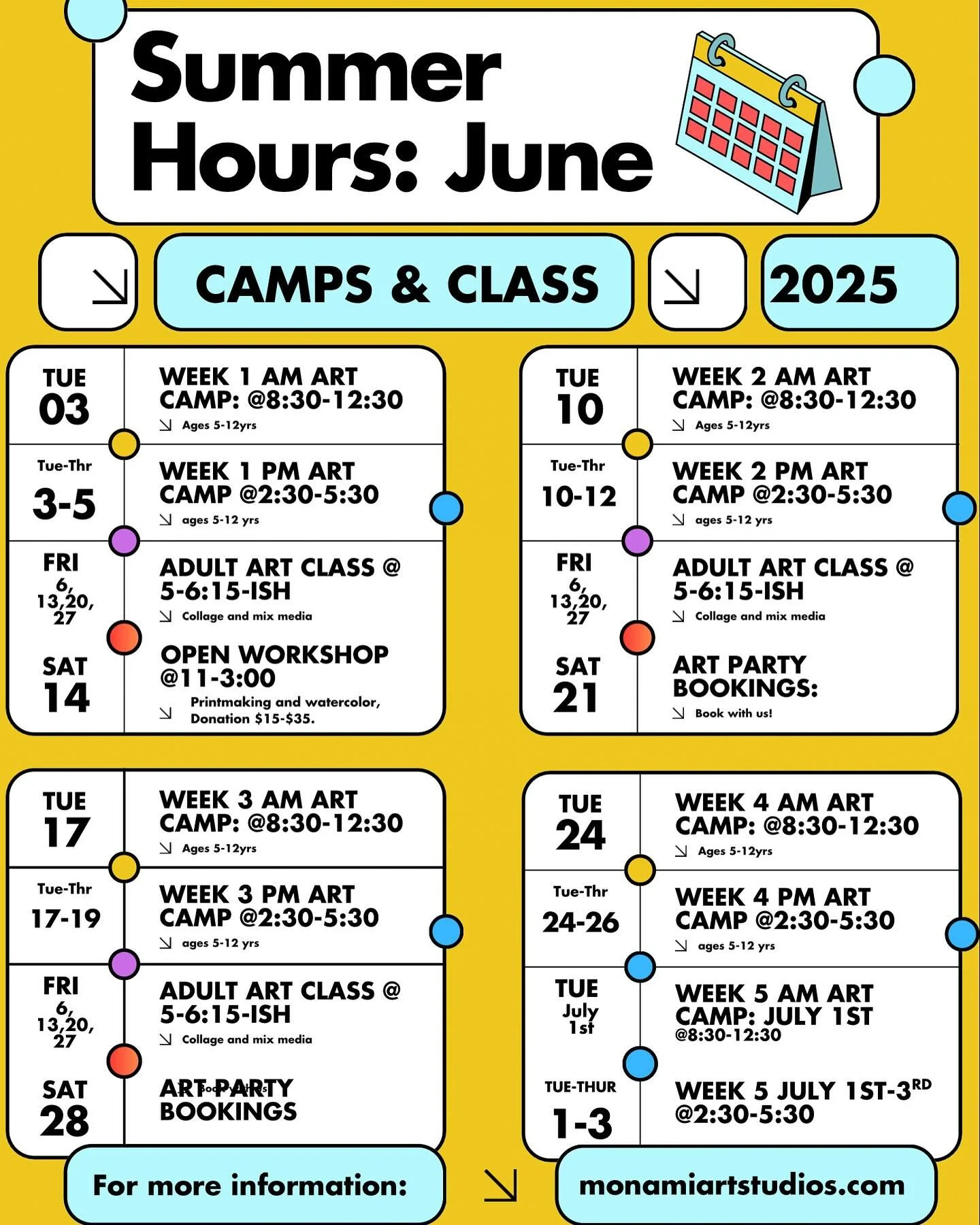Get ready for an amazing June! 🌞 We're excited about the children's art camp lineup, featuring unique projects each week - feel free to join us for multiple weeks! Choose from Tuesday a.m. or Tuesday-Thursday afternoon camps. Plus, our drop-in summe