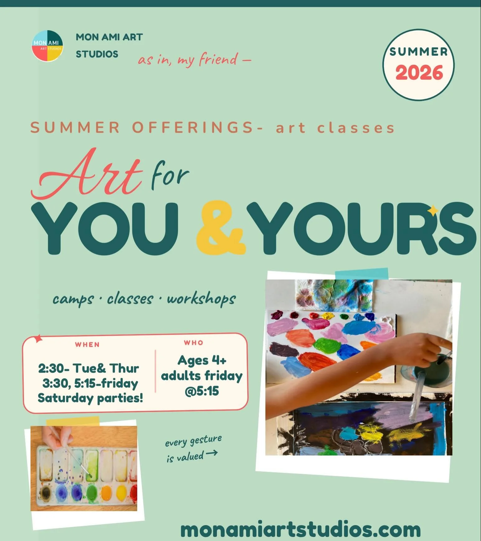 June Special Only! ☀️🎨 Summer camps are in the mornings, 1 hour art classes in the afternoons- Tuesday and Thursdays @2:30, Friday @3:30, adults @5:15-6:30. 
Saturdays reserved the studio for an Art Party! Reach out to us for prices and details 🎨☀️