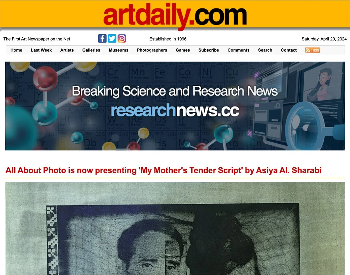 ArtDaily article featuring My Mother’s Tender Script by Asiya Al. Sharabi, presented as a solo online exhibition by All About Photo in February 2024.