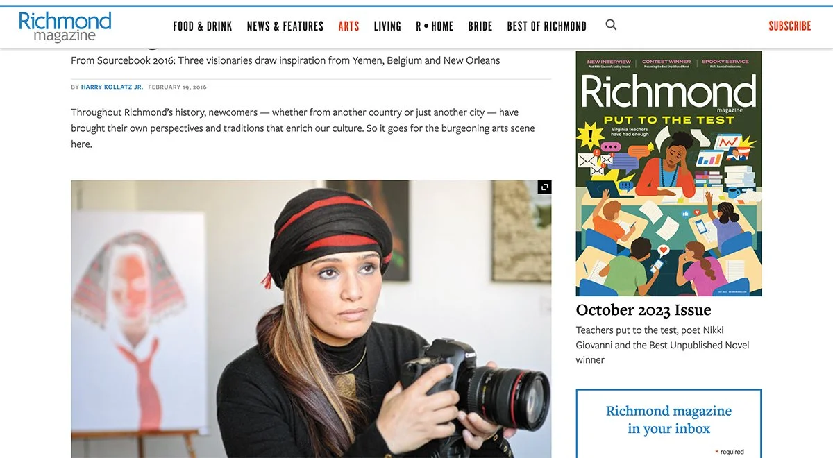 Richmond Magazine article, Heritage Influences Artist’s Work, featuring Asiya Al. Sharabi and her artistic practice.