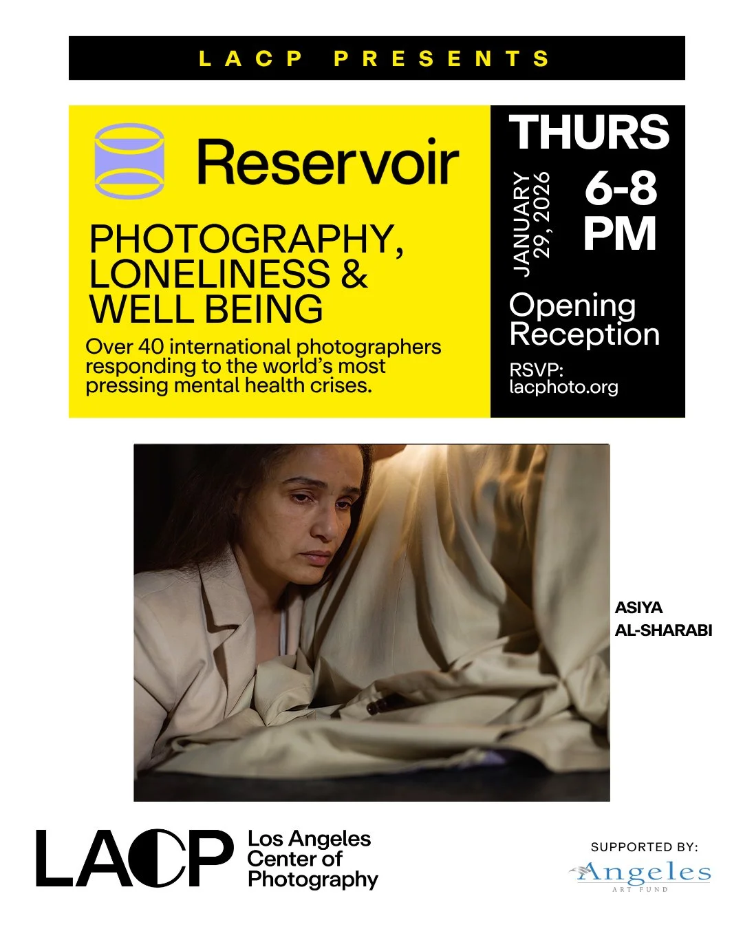 Exhibition flyer featuring artwork by Asiya Al. Sharabi for ‘Reservoir: Photography, Loneliness and Well-Being’ at the Los Angeles Center of Photography.