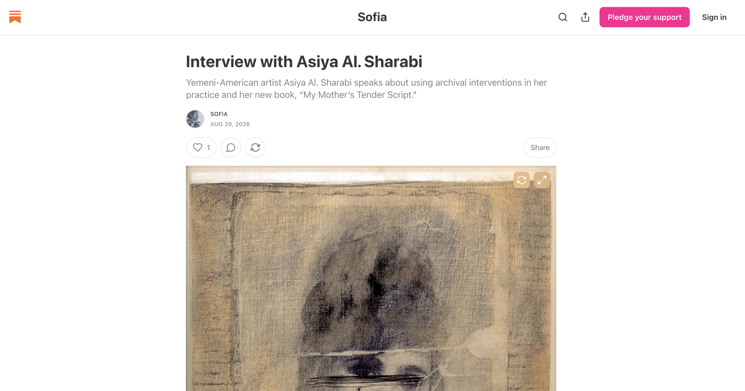 Interview with Yemeni-American artist Asiya Al. Sharabi on her archival photography practice and photobook My Mother’s Tender Script, published by Sofia on Substack, August 2026.