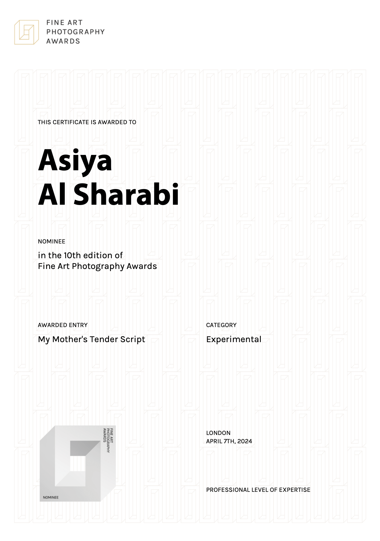 Fine Art Photography Awards recognition of My Mother’s Tender Script by Asiya Al. Sharabi in the Professional category.