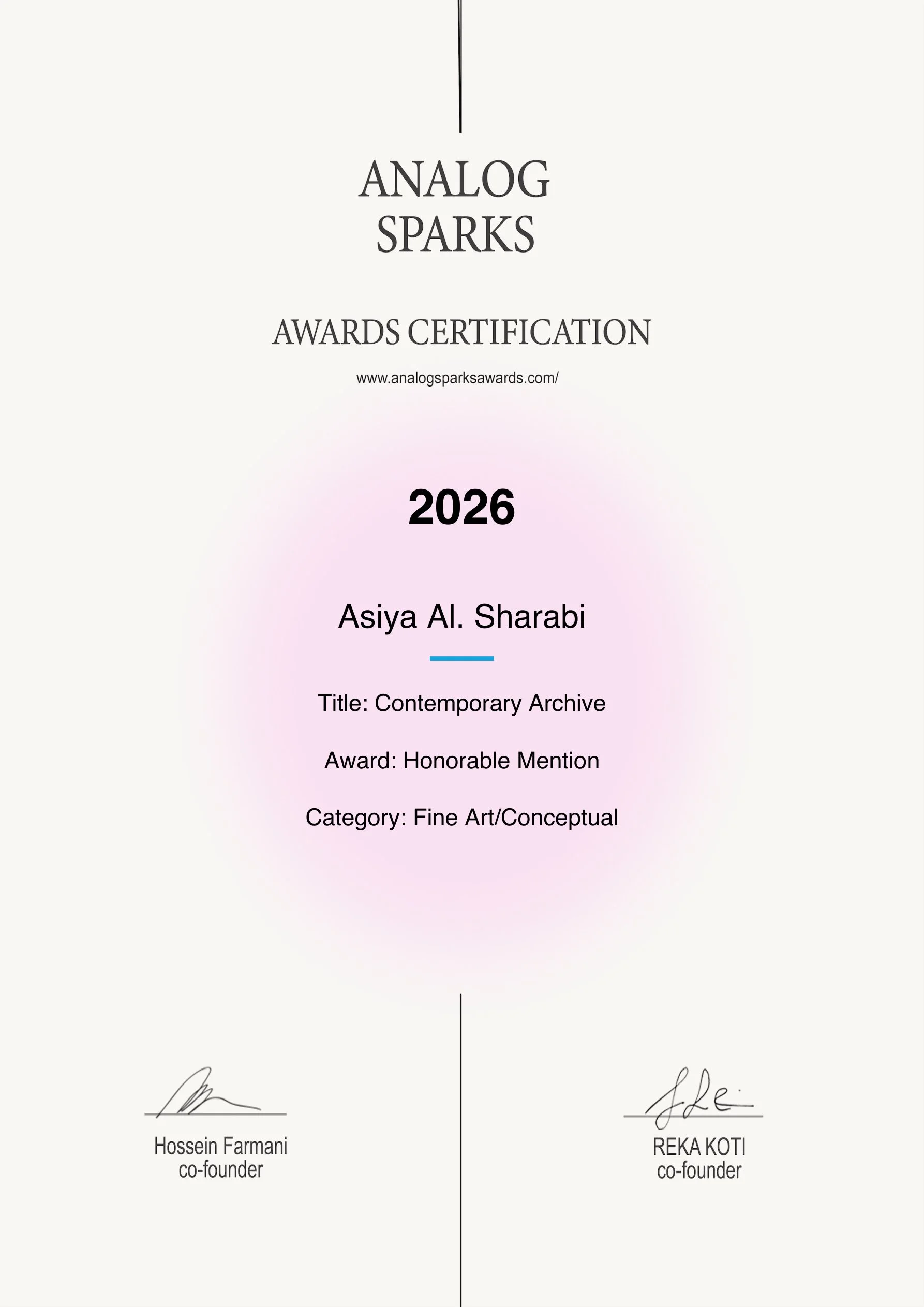 Asiya Al. Sharabi, Contemporary Archive, Analog Sparks Honorable Mention, 2026