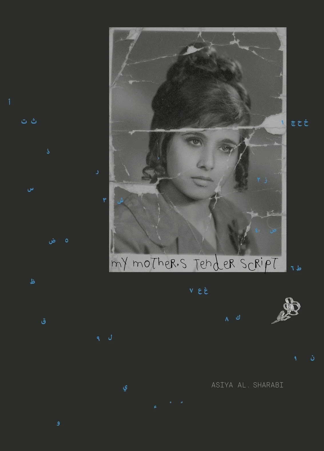 Book titled My Mother’s Tender Script by Asiya Al. Sharabi featuring an archival portrait of the artist’s mother surrounded by scattered Arabic letters and handwritten marks against a deep dark background.
