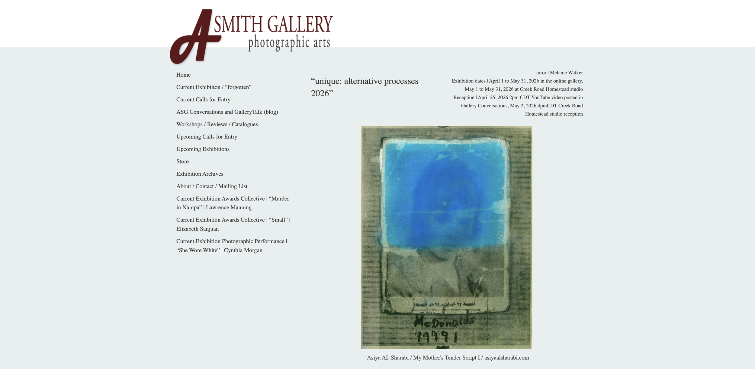 Work by Asiya Al. Sharabi featured in “unique: alternative processes 2026” at A Smith Gallery, juried by Melanie Walker.