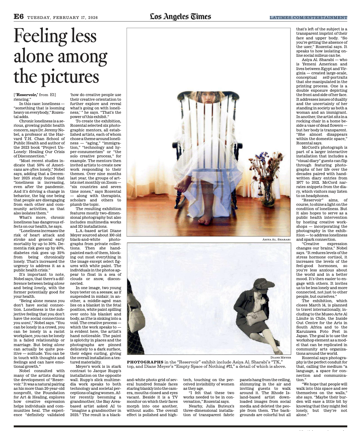 Photograph by Asiya Al. Sharabi featured in the Los Angeles Times article on the ‘Reservoir: Photography, Loneliness and Well-Being’ exhibition, 2026.