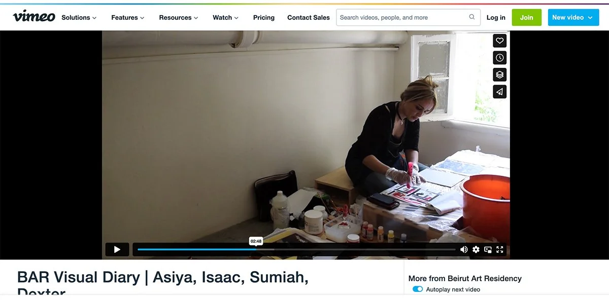 Asiya Al. Sharabi discussing her artistic practice and experiences during a video interview at Beirut Art Residency.