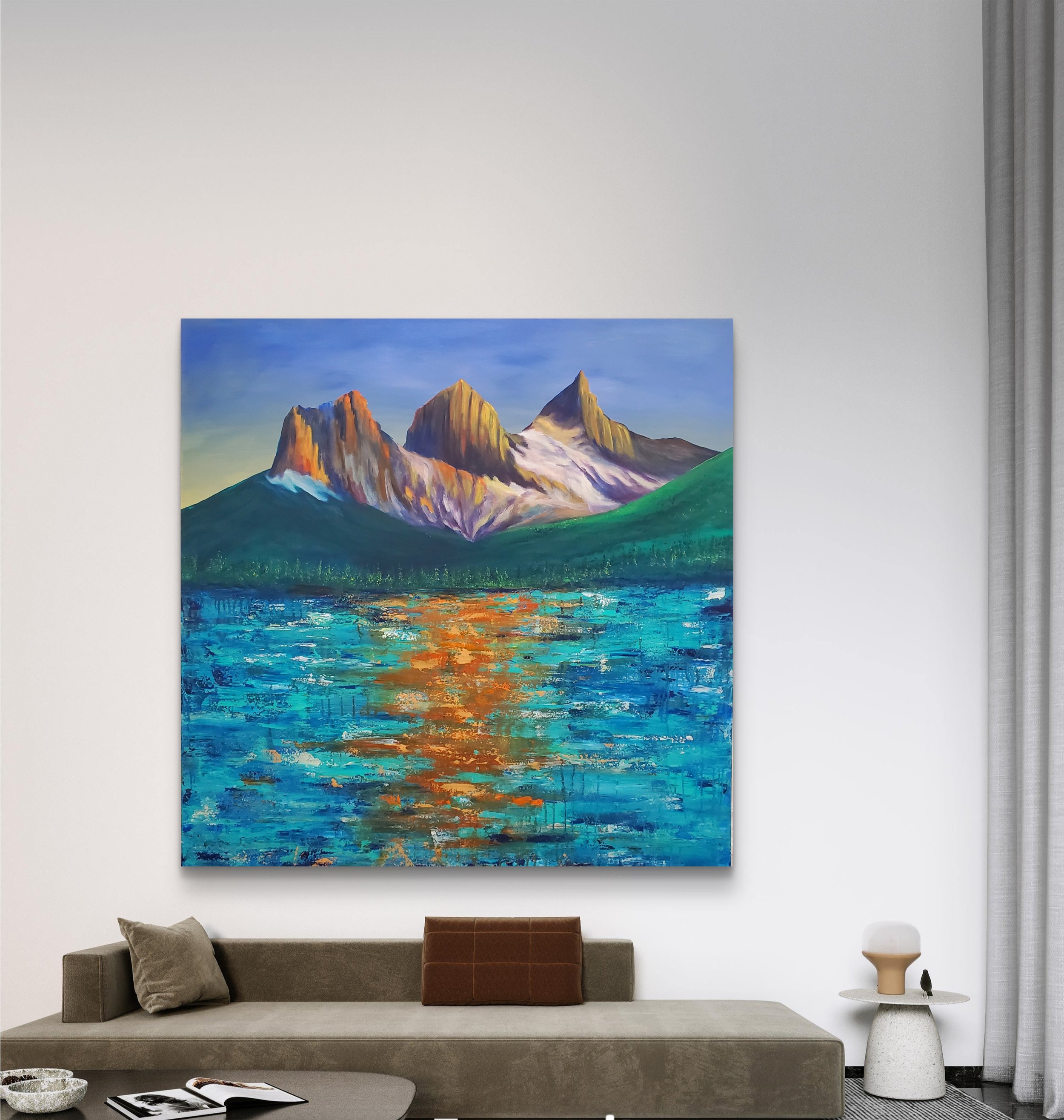 Three Sisters Mountain | 42x42" Acrylic Painting by Qandeel Sarfraz