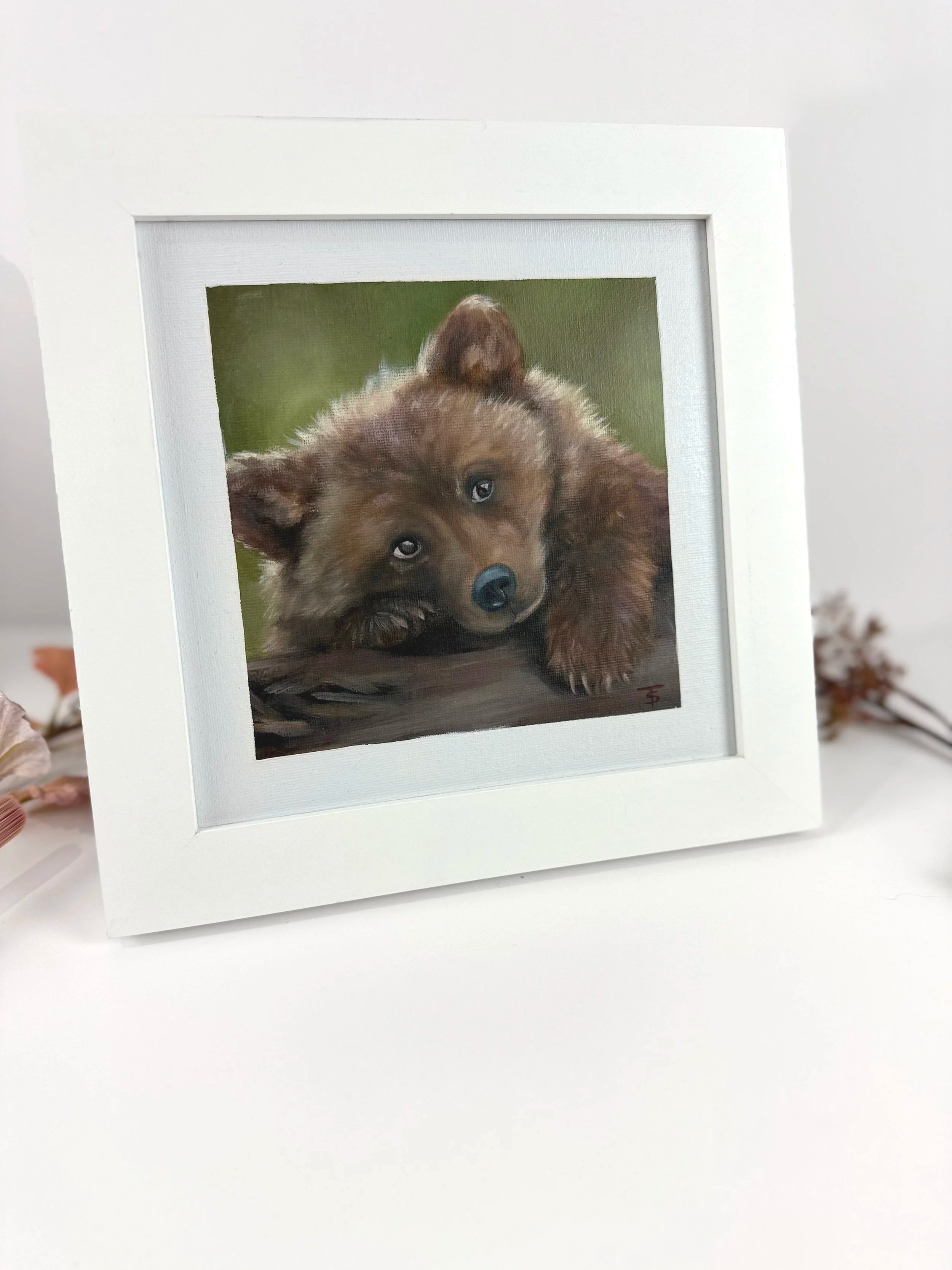 A Little Rest | 8x8" Oil Painting of a Bear Resting on a Log by Tabitha Schae