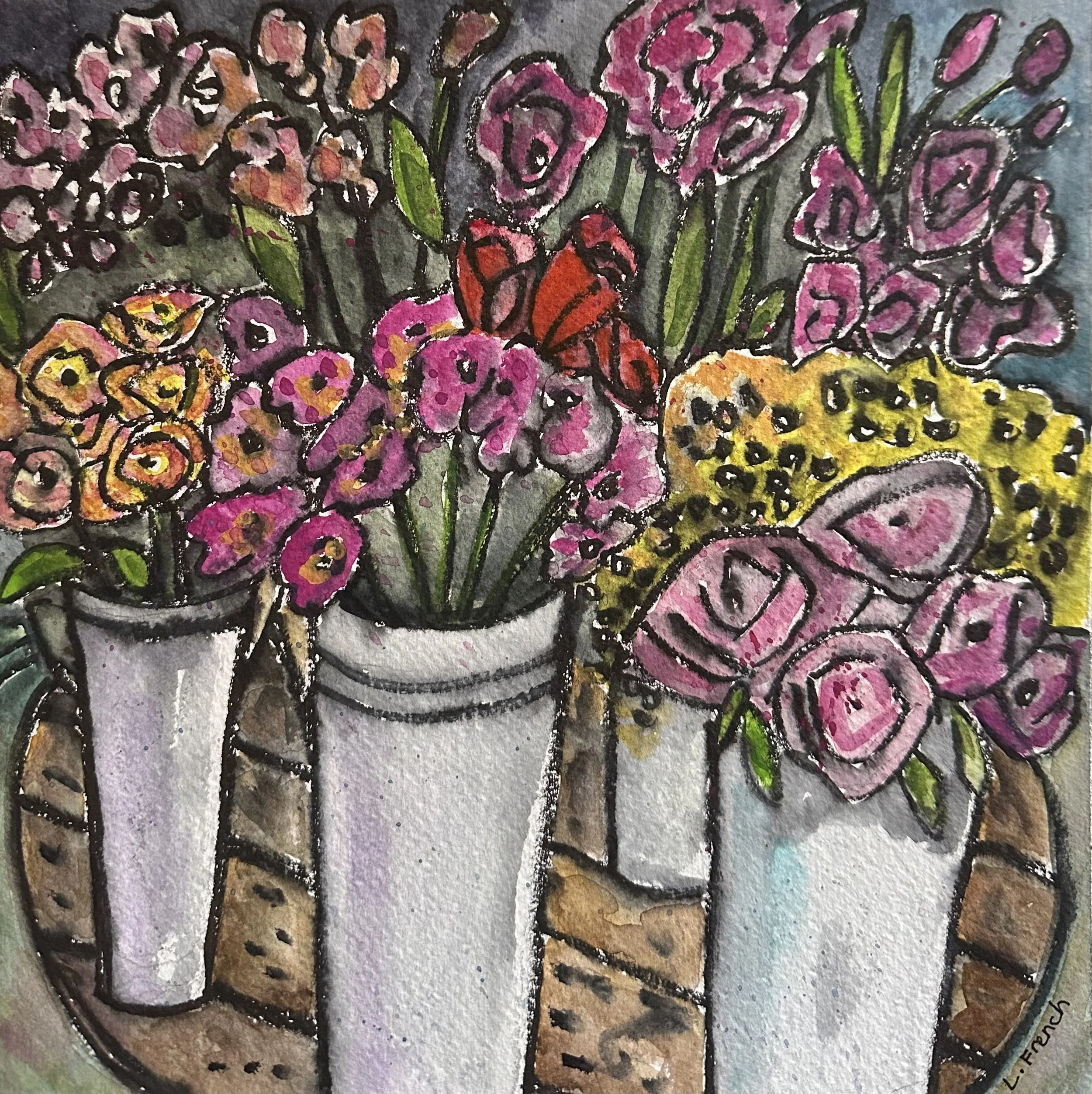 Floral 2 |  10x10" Framed Watercolour and Ink on paper by Linda French